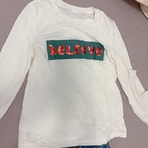 White Long Sleeve Top Sequin Believe Graphic Tee